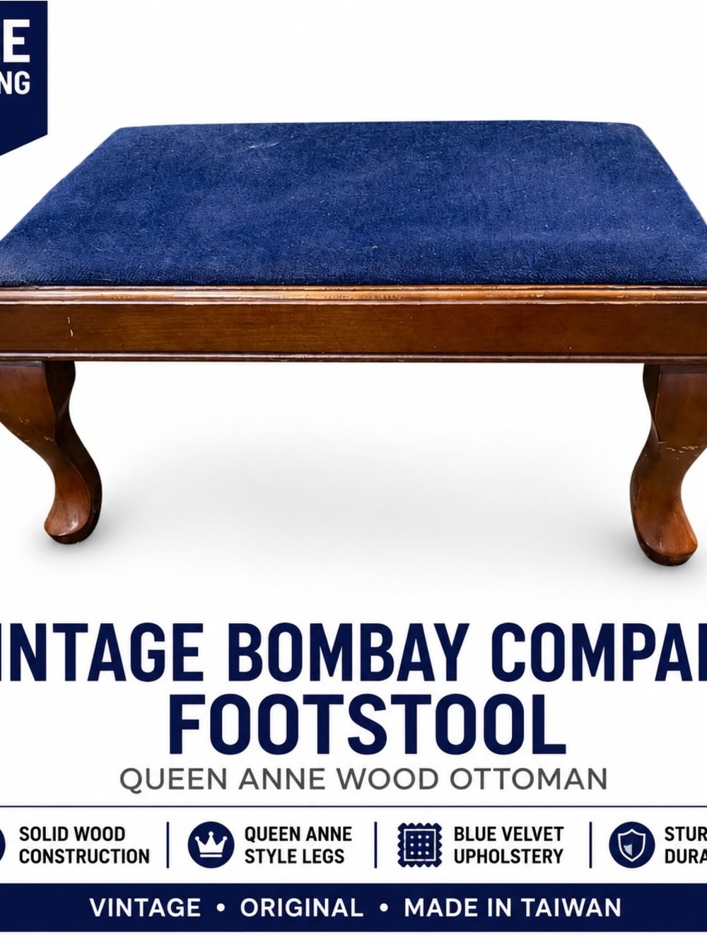 Bombay Navy Blue Upholstered Stool Top with Wooden Underside